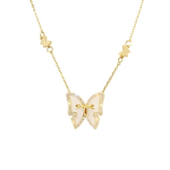 NEW Yellow Gold Diamond Shell Butterfly Necklace - Picture 10 of 10